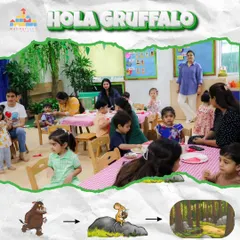After the story, the children sit down for themed activities. Here, they are getting ready for a Gruffalo-themed craft and snack session.