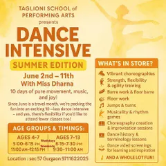 Here are all the details for our upcoming Summer Dance Intensive. This ten-day program is designed for ages 4 to 13 and covers Ballet, Jazz, and Contemporary dance. We focus on everything from barre work and floor routines to choreography and musicality games, ensuring a comprehensive and exciting experience.