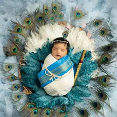 This serene newborn portrait features a 'Little Krishna' theme, complete with a peacock feather nest and traditional details. I specialize in creating these safe and artistic setups to celebrate your baby's first few days.