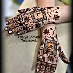 A personalized Karwachauth design. This mehndi features the moon on one hand and a portrait of a woman on the other, surrounded by floating lotus flowers.