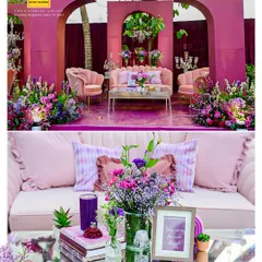 A closer look at a themed lounge area we designed for an event. The plush pink velvet sofas, intricate floral arrangements, and soft lighting create an intimate and stylish space for guests to relax and socialize.