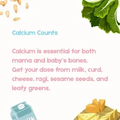 Calcium is crucial for replenishing your own bone health and for providing it to your growing baby through breast milk. Our diet plans include calcium-rich foods like milk, curd, ragi, sesame seeds, and leafy greens to meet these increased needs.