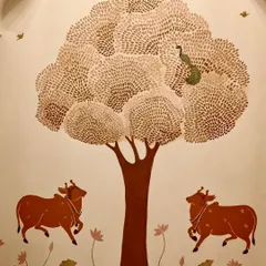 A Pichwai-inspired temple wall mural. I used a subtle color palette and intricate textures to create a modern interpretation of this traditional art form, featuring cows under a textured tree. It's perfect for a contemporary mandir.