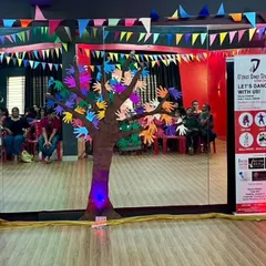 The studio decorated for our Kids Summer Camp showcase event. You can see the banners detailing the workshop activities, including Bharatanatyam, kids yoga, taekwondo, and freestyle dance.