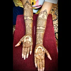 A classic bride and groom portrait mehandi. I work from photographs to capture your likeness, creating a stunning centerpiece for your bridal henna design.