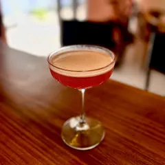 A beautifully crafted cocktail with a rich foam, served in a coupe glass. This is the elegant end result of our recipe development process.