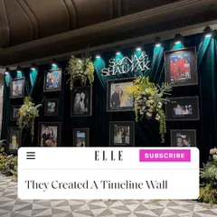 Our personalized timeline wall, created for a sangeet in Udaipur, was featured in an Elle India article. This recognition underscores my belief in creating meaningful details that tell a couple's unique story.