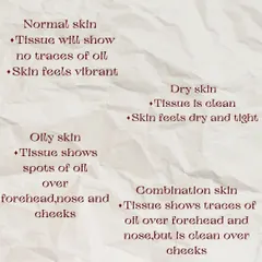 Based on the amount of oil on the tissue, you can identify your skin type. This graphic shows you what to look for, from no oil for dry skin to oil spots for oily skin.