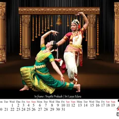 We honor the roots of dance with dedicated classical training. This beautiful shot from our studio calendar features students performing Kuchipudi and Bharatanatyam, showcasing the grace and discipline we teach.