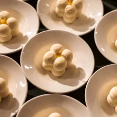 A beautiful dessert made of small, interconnected spheres of mousse. The geometric arrangement and clean presentation make it a piece of edible art.