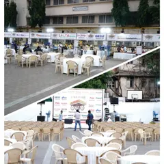 This collage shows two different setups for a corporate event. The top shows banquet style round tables for dining or networking, and the bottom shows theatre style seating facing a branded stage.