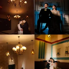 A collage showcasing the variety within a single glamorous pre-wedding shoot. From dramatic, low-light portraits with chandeliers to stylishly posed shots, I can create a whole cinematic experience.
