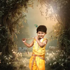 A fine art portrait of a little boy dressed as Lord Krishna, playing a flute in a magical, digitally enhanced forest setting.