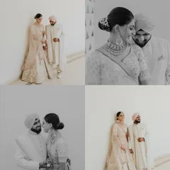 A collage of classic black and white portraits of a Sikh couple. The images are filled with laughter and tender moments, showcasing their beautiful connection in a timeless style.
