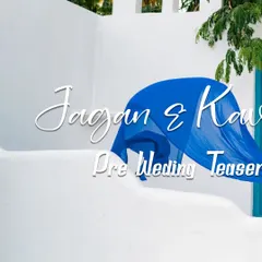 A teaser image for a pre-wedding film, featuring a Santorini-style background. This builds anticipation and showcases our ability to create themed video content.