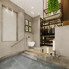 We designed this bathroom as a private spa, featuring a custom sunken bath with a cascading rain shower. It is a sanctuary where refined details and soothing tones turn everyday rituals into indulgent moments.