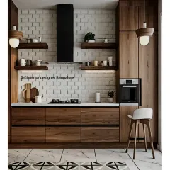 This design features handleless wood-grain cabinets and a white brick-patterned backsplash. The open wooden shelves and pendant lights add a touch of rustic, industrial charm.