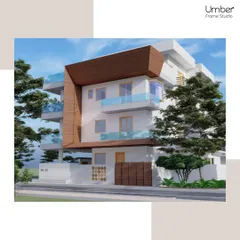 An exterior 3D render for our new prestigious project in Yelahanka, showcasing modern architecture with wood and glass elements.