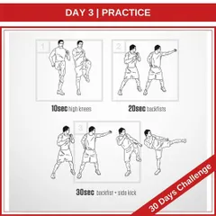 Welcome to Day 3 of the challenge, focusing on practice and coordination. This sequence integrates high knees for warm-up, backfists for unconventional striking, and a backfist-side kick combo to improve balance and agility.
