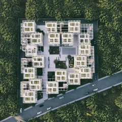 An aerial view of our "Pixel Housing" concept, which uses a modular voxel grid to create a staggered arrangement of units. This approach optimizes density while ensuring that each residence has access to light, ventilation, and green space.