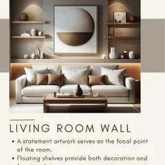 This living room wall is designed to be a focal point. A large piece of abstract art is balanced by floating shelves, which provide a space for decorative objects and add functional storage.