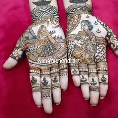 My custom Diwali-themed mehndi, featuring figures of women with diyas. I love creating designs that capture the essence of the festival.