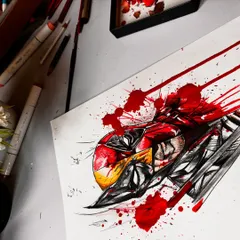 An angled shot of the finished Deadpool and Wolverine piece, showing the texture of the paper and the vibrant red ink splatters that bring the drawing to life.