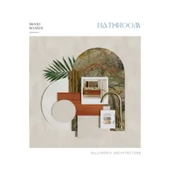 A mood board for a luxurious bathroom, featuring rainforest marble, warm wood, and brushed gold fixtures. This visual tool is crucial for establishing the desired look and feel before construction begins.
