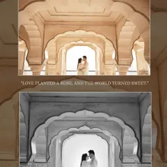 A beautiful composition showing the same romantic pose through the arches of Amer Fort, presented in both full color and classic black and white to highlight the timelessness of the moment.