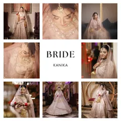 A beautiful collage showcasing the bride's elegance and versatility in her pastel wedding lehenga. It captures various poses and moods, from thoughtful to joyful.