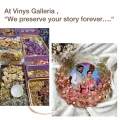 At my galleria, I preserve your story forever. This image shows my process of drying flowers and the final product, a beautiful agate frame that turns special memories into timeless art.