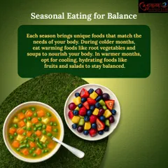 This visual shows the contrast between seasonal meals. In colder months, I recommend warming foods like root vegetable soups. In warmer months, cooling and hydrating foods like fresh fruit salads help keep your body balanced.