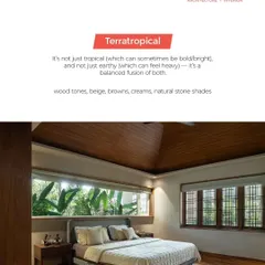 Our Terratropical style is a balance of earthy and tropical influences. This bedroom showcases the use of natural wood tones, large windows to bring the outdoors in, and a calm, neutral palette for a resort-like feel.