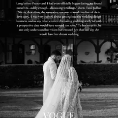 A black and white shot from the Vogue feature, capturing a quiet moment. The accompanying text tells the story of how their dream wedding came to be, highlighting the personal journey behind the design.