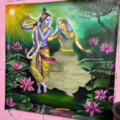 An in-progress shot of the Radha Krishna painting. Here, Krishna is fully painted, but Radha's form is still a sketch, showing the contrast between the start and finish.