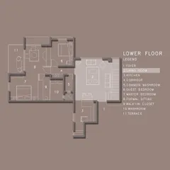 This is the lower floor plan for our Duplex Project, detailing the living room, kitchen, and guest areas. Meticulous space planning is the foundation of a well-designed home.
