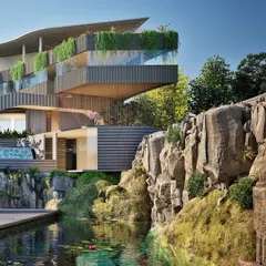 For this clubhouse at Vedha, I integrated the structure directly into a retained stone quarry. The design celebrates the rugged texture of the natural rock, creating a powerful dialogue between the built form and the raw beauty of the landscape.