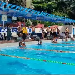 A poolside view of the starting dive during the State Masters Championship. Our team ensures that every heat starts on time and adheres to official competition standards.