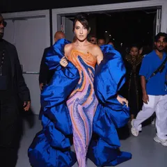 For Nora Fatehi's main IIFA 2023 appearance, we went for high drama with this structural Jean-Pierre Khoury gown. The voluminous royal blue wrap over a psychedelic-print catsuit was a bold fashion choice that truly owned the carpet.