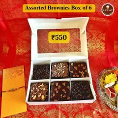 This Assorted Brownies Box is a classic Rakhi gift. It contains six of my fudgy brownies with various toppings, presented in a festive box.