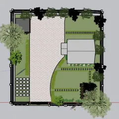 A top-down 2D plan that I use for initial layout planning. This helps in defining different zones like the patio, lawn, and planting beds with precision.