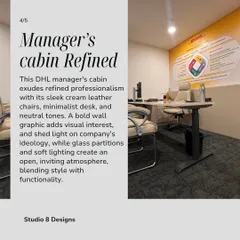 The manager's cabin at DHL, designed for refined professionalism. We used cream leather chairs, a minimalist desk, and a bold wall graphic to create a space that is both stylish and functional.
