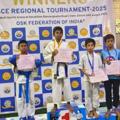 The winners' podium is a familiar sight for my students. Here are four of our champions from the CISCE Regional Tournament, showcasing their well-earned medals.