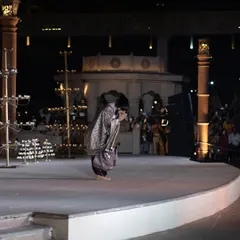A candid moment of Ranveer Singh bowing to the audience in Varanasi. This shot captures his respect for the city and the heritage he was there to represent.