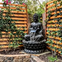 For a truly serene and spiritual corner, I can incorporate elements like this Buddha fountain. The gentle sound of water combined with the peaceful statue and climbing vines creates a perfect space for meditation and reflection.