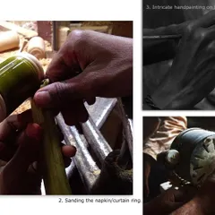 This series of images shows the key stages of our process. You can see the initial sanding of a ring, the intricate hand-painting for detail, and the final finishing touches that bring each piece to life.