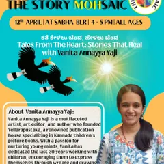 A poster for a bilingual Kannada-English session with author Vanita Annayya Yaji, founder of a publication house specializing in Kannada children's books.