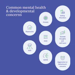Our psychiatric services address a range of common mental health and developmental concerns. This includes support for anxiety, depression, OCD, ASD, ADHD, eating disorders, and aggression, ensuring your child gets the specific care they need.