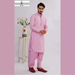 Our classic Pathani suit in a subtle pink, professionally modeled to show its clean lines and comfortable fit. This custom-made ethnic set is a versatile choice for festivals like Eid or other formal gatherings.
