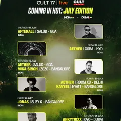 Our monthly calendars showcase our packed schedule of events across India and Dubai, featuring a mix of international headliners like Aether and Bollywood stars like Mika Singh.
